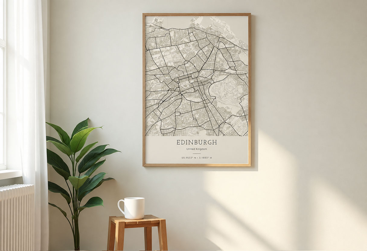 Framed custom city map poster on a wall beside a stool