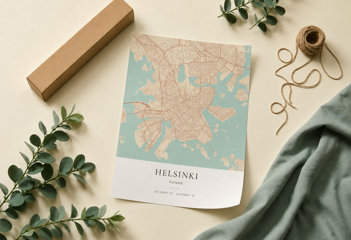 A poster print rolled with a kraft tube and twine, ready to give