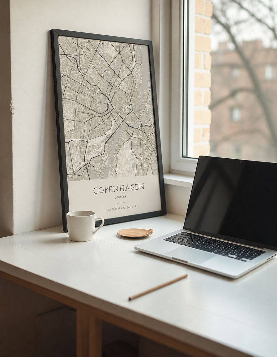 Framed custom city map poster leaning by a window