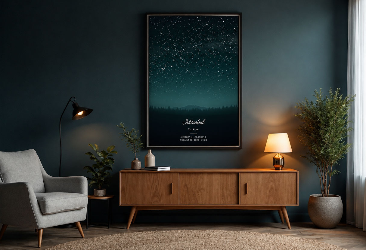 Framed custom star map poster hung above a sideboard